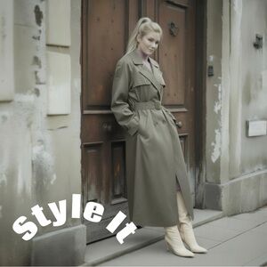 VTG LEADING LADY Trench Olive-Luster Coat Double Breasted Belted Hollywood Glam